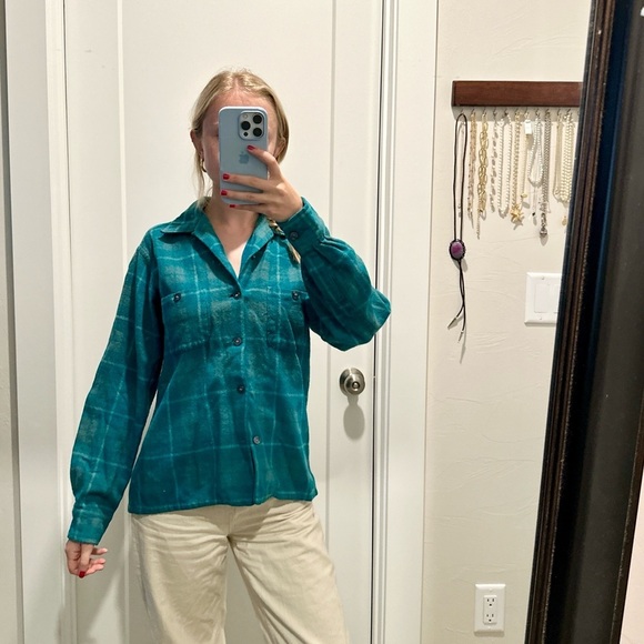 Sears Vintage Blue and Green Plaid Flannel Wool Blend Button Down Shirt Medium - Picture 4 of 6